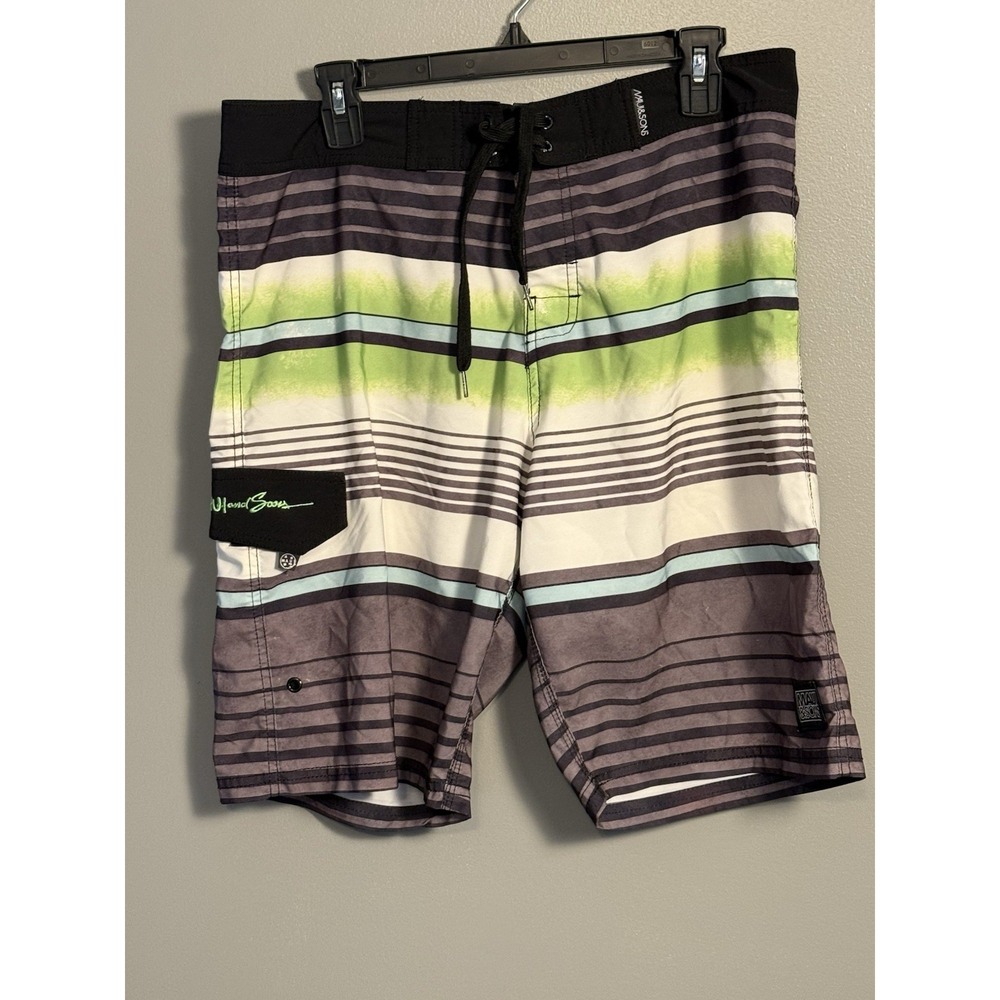 Maui & Son Boardshorts Mens 34 Green Black Striped Cargo Stretch Swimwear‎